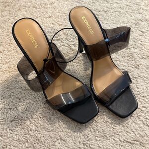 Express Black and Clear Women's Heeled Mules